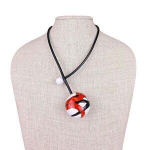 Handmade Ceramic And Leather Pendant Necklace Red/Black/White Adjustable